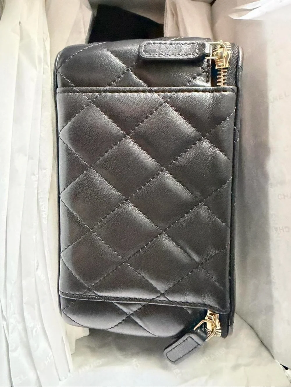 CHANEL Black Quilted Leather Crossbody with Gold CC Hardware